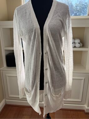 Linen Lightweight Loft White M Women's Button Longline Cardigan Sweater Layer